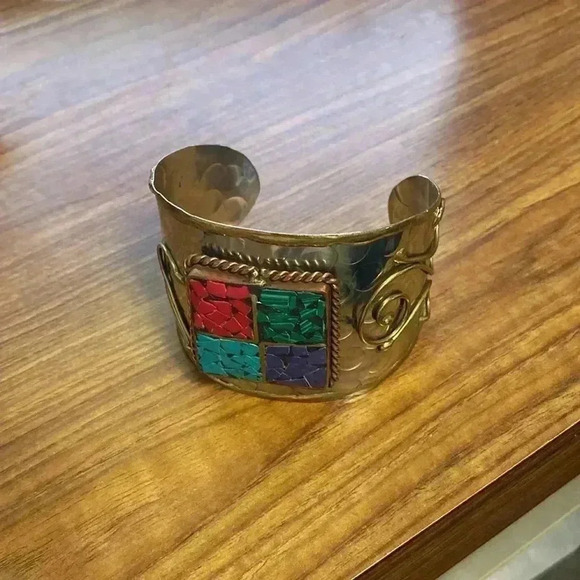 Mosaic Cuff Bracelet 7 1/8 " Around & Wooden Beaded Necklace 20 inches Long - Picture 2 of 10